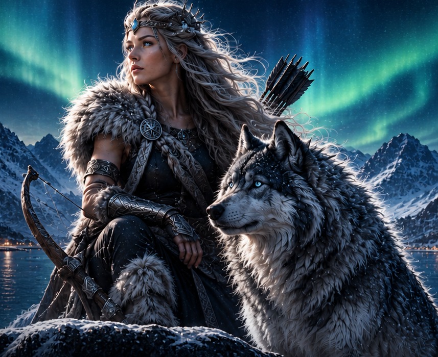 Norse goddess Skadi beside her wolf beneath the northern lights